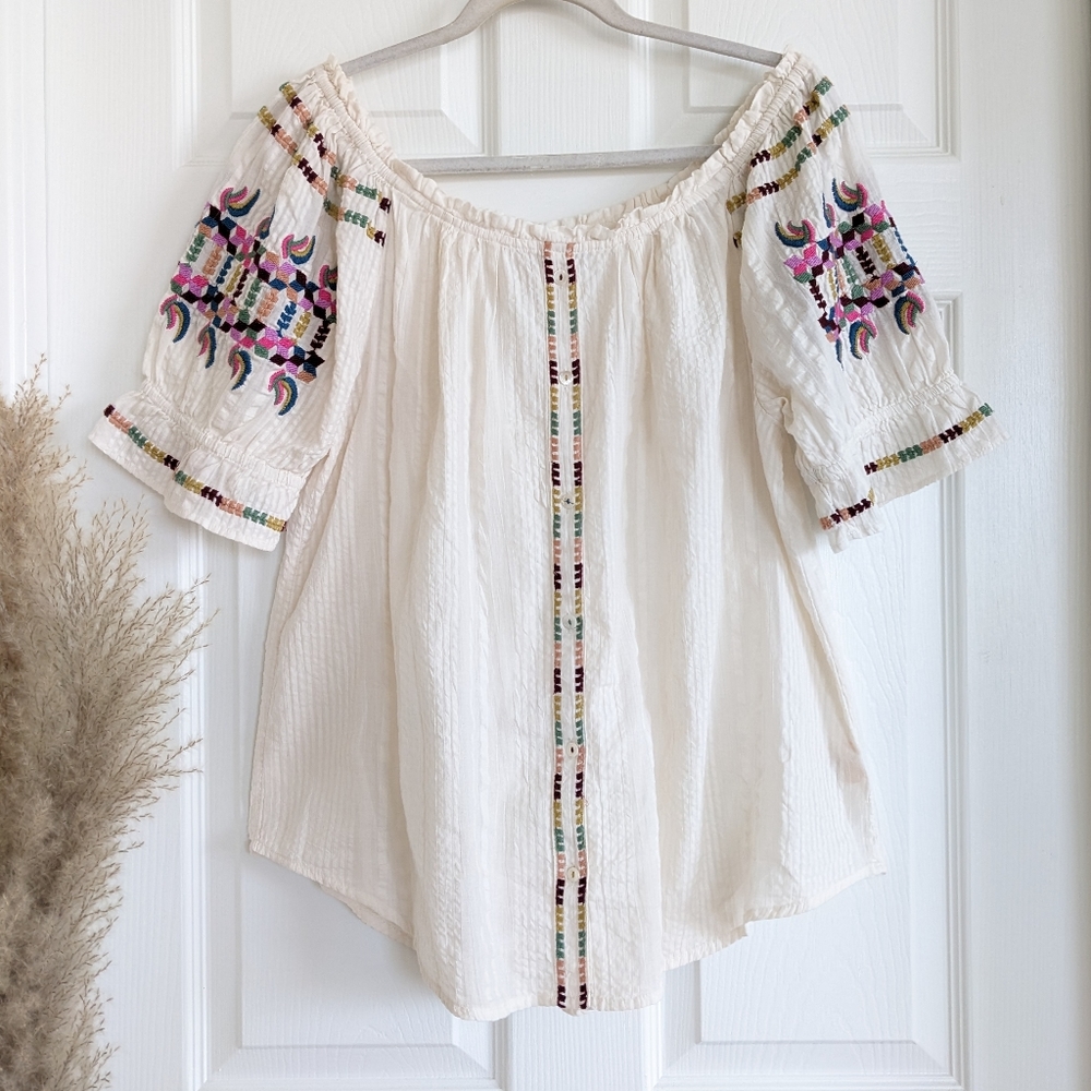 Anthropologie Off-Shoulder Blouse with Colorful Embroidery